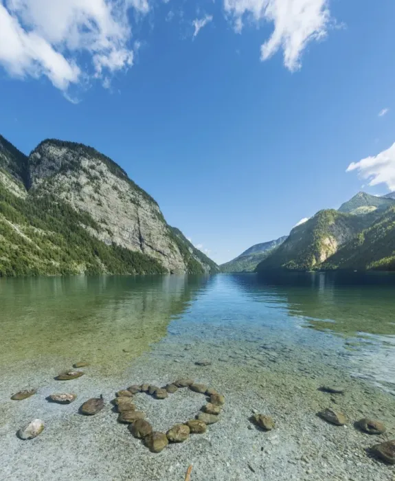 Framed Print : Heart of stones in water, view over Lake Konigssee, Berchtesgaden National Park, Berchtesgadener Land district, Upper Bavaria, Bavaria, Germany Framed Print : Heart of stones in water, view over Lake Konigssee, Berchtesgaden National Park, Berchtesgadener Land district, Upper Bavaria, Bavaria, Germany