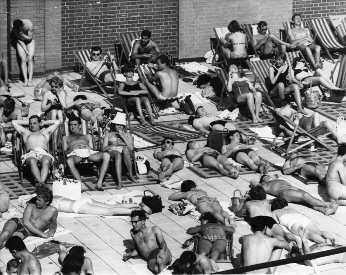Framed Print : Heatwave. A crowd of sunbathers at the Oasis open-air swimming pool Framed Print : Heatwave. A crowd of sunbathers at the Oasis open-air swimming pool