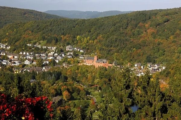Heimbach on the Roer River, Rur River, Hengebach castle, autumn colored forests, Eifel National Park, North Rhine-Westphalia, Germany, Europe