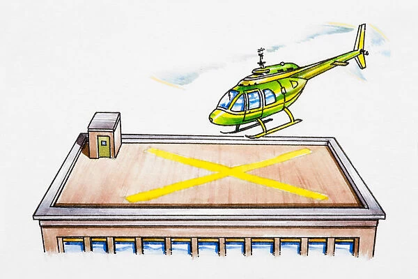 Helicopter landing on helipad on top of building