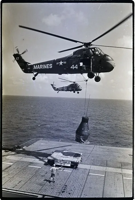 Framed Print : Helicopter Lowers Space Capsule to Ship Framed Print : Helicopter Lowers Space Capsule to Ship