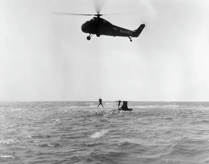 Framed Print : Helicopter Winching Scott Carpenter From Sea Framed Print : Helicopter Winching Scott Carpenter From Sea