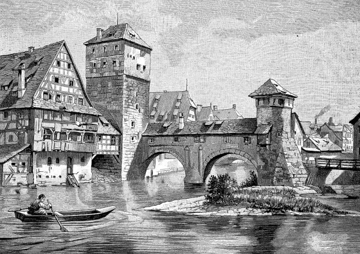 Framed Print : The Henkersteg Bridge in Nuremberg, Bavaria, Germany, 1880, Historic, digitally restored reproduction of an original 19th-century painting Framed Print : The Henkersteg Bridge in Nuremberg, Bavaria, Germany, 1880, Historic, digitally restored reproduction of an original 19th-century painting