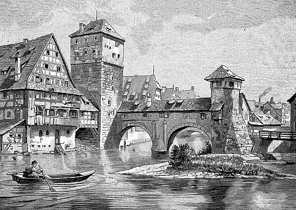 The Henkersteg Bridge in Nuremberg, Bavaria, Germany, 1880, Historic, digitally restored reproduction of an original 19th-century painting
