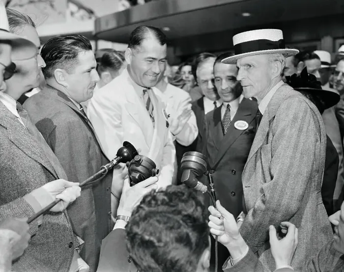 Framed Print : Henry and Edsel Ford Talking with Reporters Framed Print : Henry and Edsel Ford Talking with Reporters
