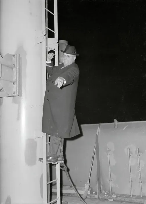 Framed Print : Henry Kaiser Climbing up Cargo Boom at His Ship Yards Framed Print : Henry Kaiser Climbing up Cargo Boom at His Ship Yards