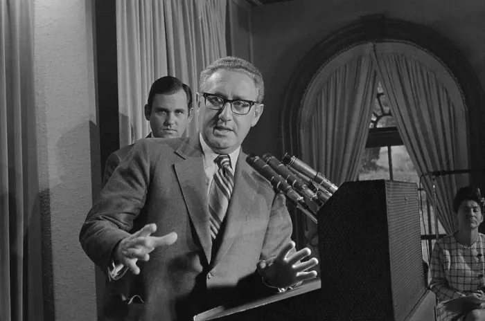Framed Print : Henry Kissinger Speaking to Press Framed Print : Henry Kissinger Speaking to Press
