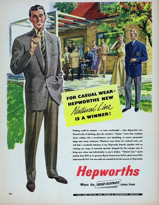 Framed Print : Hepworths. 1957: Advertisement for the Hepworths clothing store showing men wearing suits