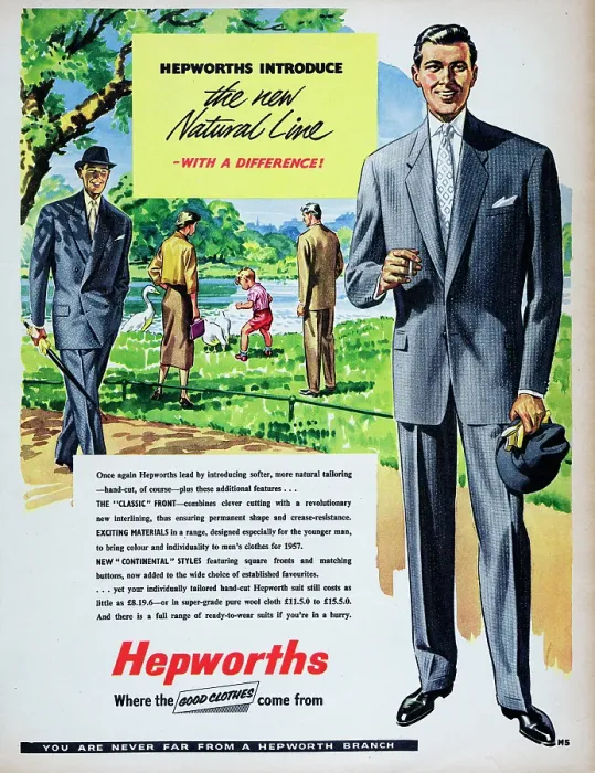 Framed Print : Hepworths. 1957: A man wears a suit from the Hepworths the new natural Framed Print : Hepworths. 1957: A man wears a suit from the Hepworths the new natural