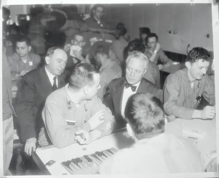 Framed Print : Herbert Bonner and W. Sterling Cole Chatting with a Crewman Framed Print : Herbert Bonner and W. Sterling Cole Chatting with a Crewman