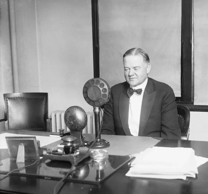 Framed Print : Herbert Hoover Talking Into a Microphone Framed Print : Herbert Hoover Talking Into a Microphone