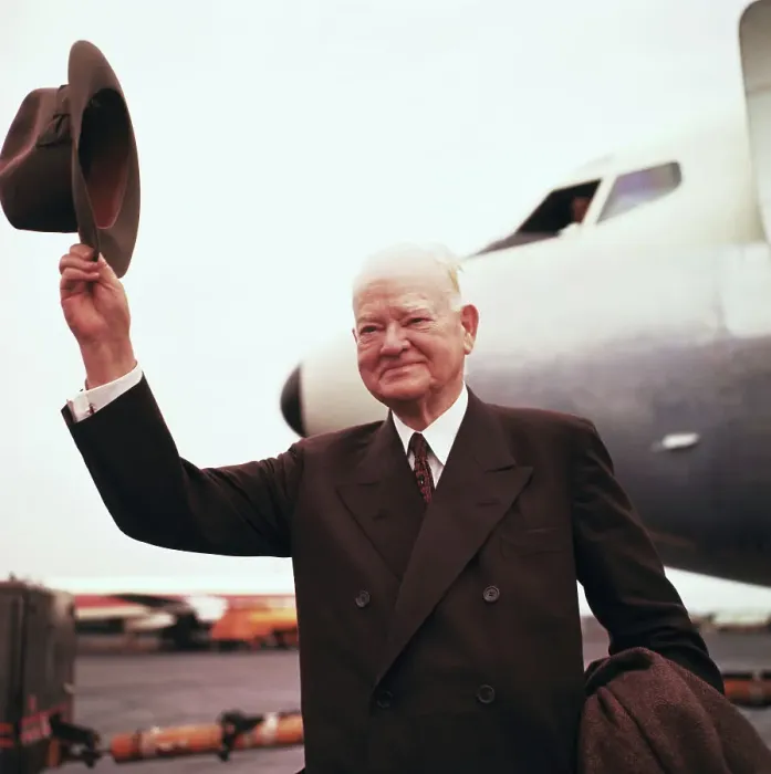 Framed Print : Herbert Hoover Waving His Hat near Airplane
