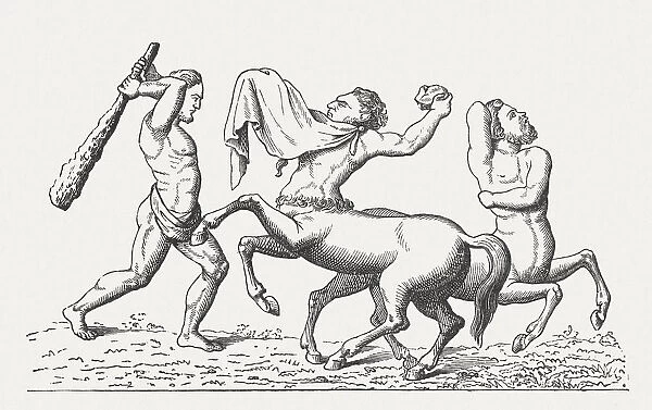 Hercules fighting the Centaurs, Greek mythology, wood engraving, published 1878