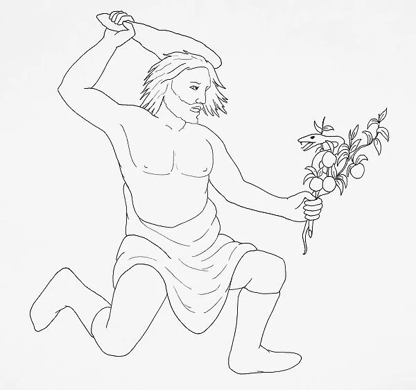 Hercules hurling a club over his head while holding the snake Draco by the tail in his other hand, side view