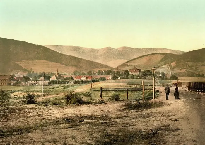 Framed Print : Hermsdorf in the Giant Mountains, Kynast Mountain, formerly Silesia, Germany, now Poland, Historic, photochrome print from the 1890s Framed Print : Hermsdorf in the Giant Mountains, Kynast Mountain, formerly Silesia, Germany, now Poland, Historic, photochrome print from the 1890s