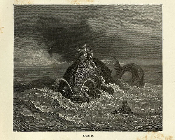 Heroes riding of back of Sea monster, or whale