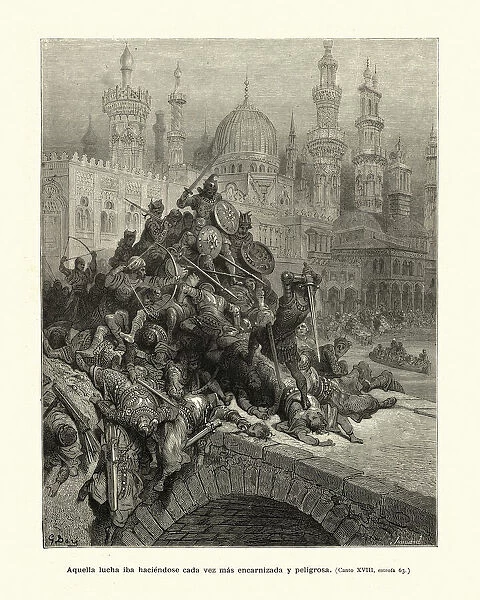 Heroic knight fighting many enemies on a bridge