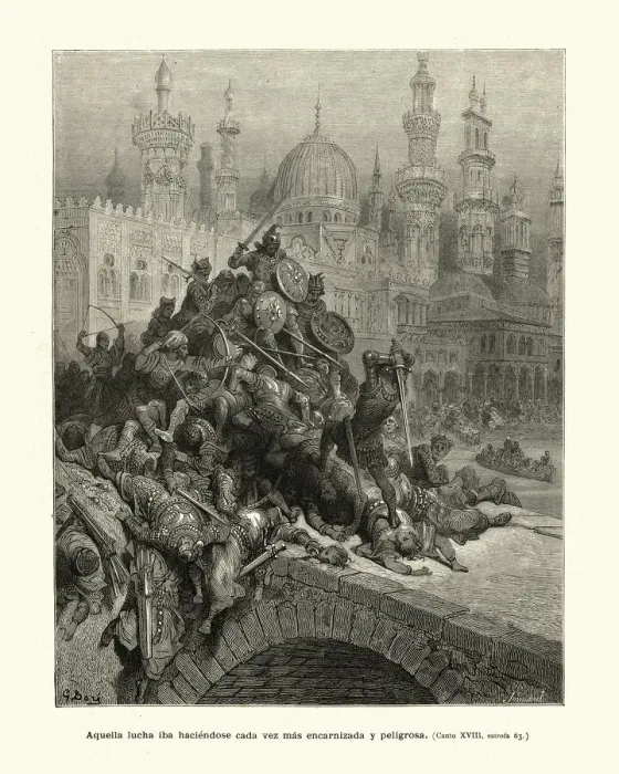 Framed Print : Heroic knight fighting many enemies on a bridge Framed Print : Heroic knight fighting many enemies on a bridge