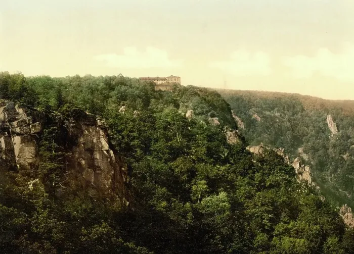 Framed Print : Hexentanzplatz near Bodetal in the Harz Mountains, Saxony-Anhalt, Germany, Historic, photochrome print from the 1890s Framed Print : Hexentanzplatz near Bodetal in the Harz Mountains, Saxony-Anhalt, Germany, Historic, photochrome print from the 1890s