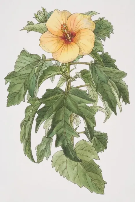 Framed Print : Hibiscus plant with yellow flower, front view