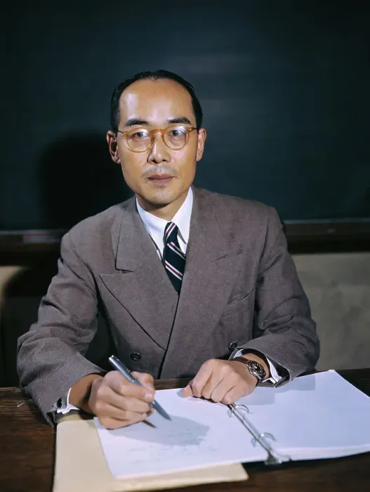 Framed Print : Hideki Yukawa Sitting at Classroom Desk