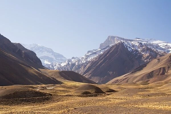 High altitude valley leading to Mount Aconcagua in the distance
