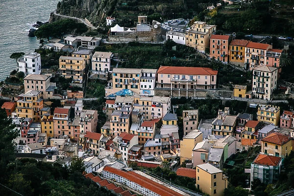 High-angle view on Riomaggiore village in Cinque Terre National Park, Liguria, Italy