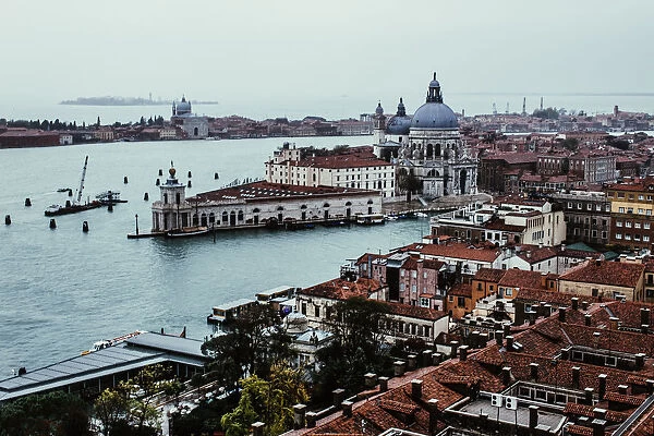 High-angle view on Venice cityscape with Basilica di Santa Maria della Salute during the rain