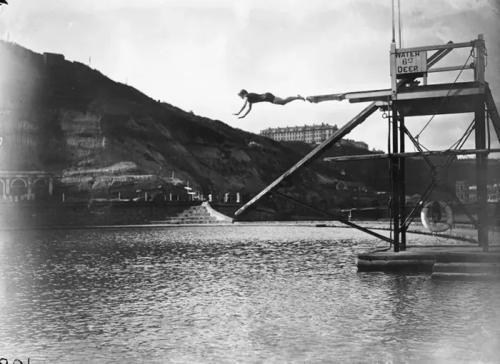 Framed Print : High Dive. A high dive into the bathing pool at the South Cliff, Scarborough, Yorkshire Framed Print : High Dive. A high dive into the bathing pool at the South Cliff, Scarborough, Yorkshire