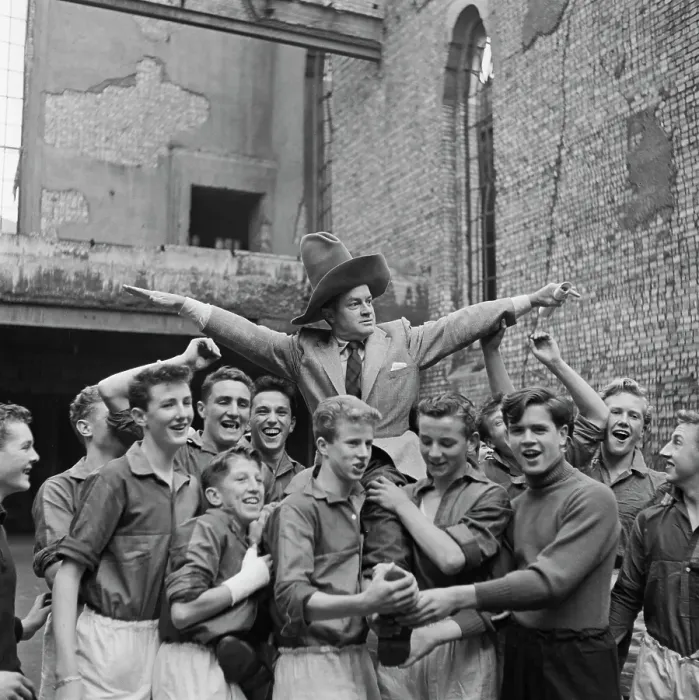 Framed Print : High Hope. US comedian Bob Hope being held aloft at a Boys Club function, UK, October 1953 Framed Print : High Hope. US comedian Bob Hope being held aloft at a Boys Club function, UK, October 1953