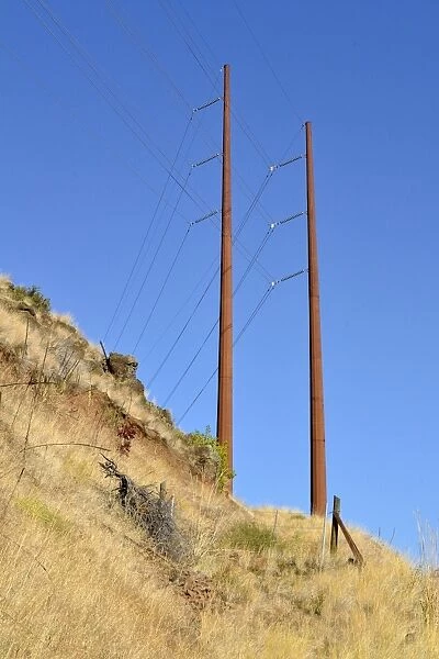 High-voltage redirection pylons at the Oxbow Reserve, Highway 71, Oregon, USA