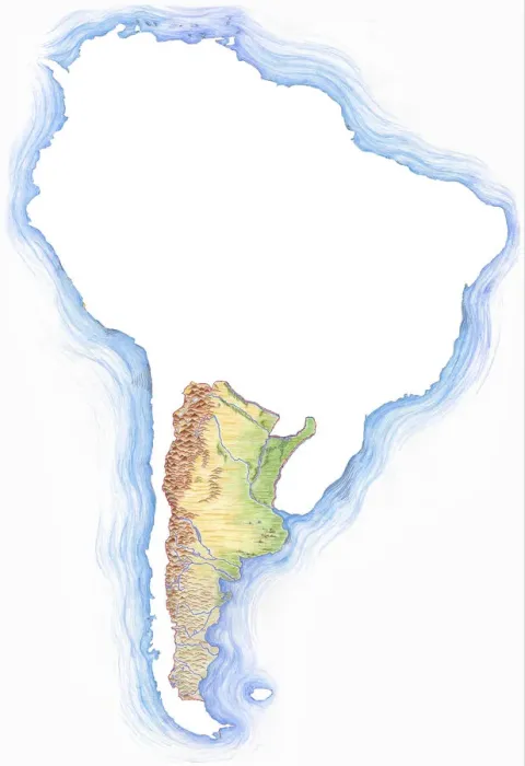 Framed Print : Highly detailed hand-drawn map of Argentina within the outline of South America with a compass rose and the equator Framed Print : Highly detailed hand-drawn map of Argentina within the outline of South America with a compass rose and the equator