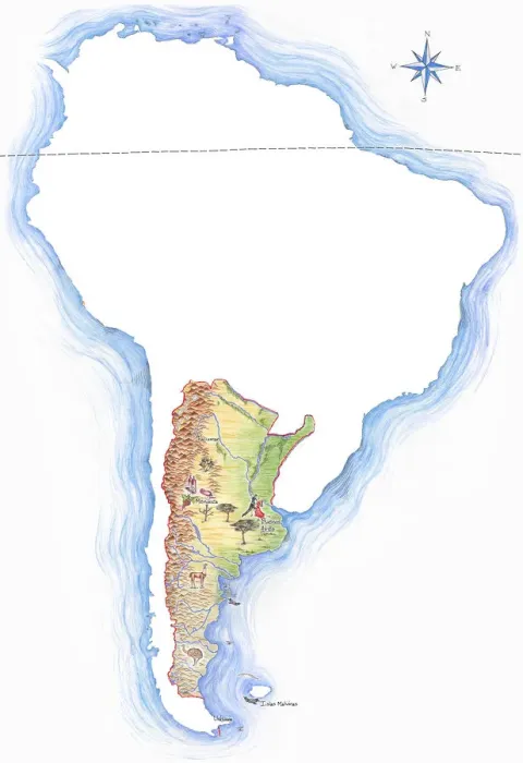Framed Print : Highly detailed hand-drawn map of Argentina within the outline of South America with a compass rose and the equator Framed Print : Highly detailed hand-drawn map of Argentina within the outline of South America with a compass rose and the equator