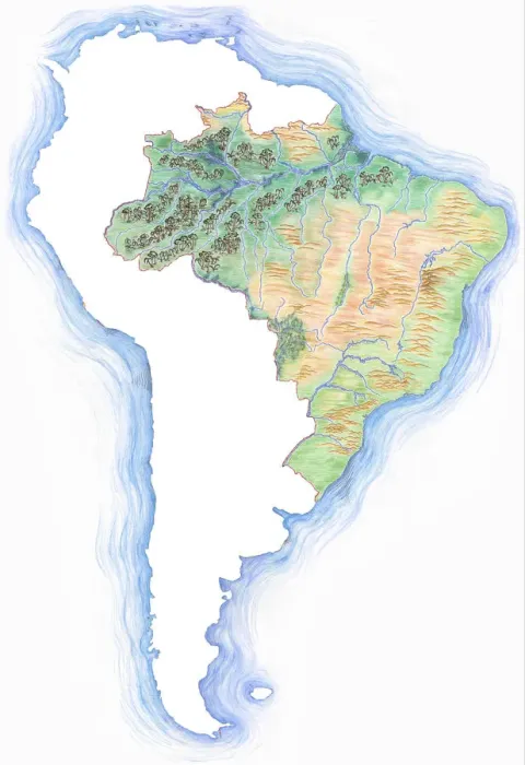 Framed Print : Highly detailed hand-drawn map of Brazil within the outline of South America with a compass rose and the equator Framed Print : Highly detailed hand-drawn map of Brazil within the outline of South America with a compass rose and the equator