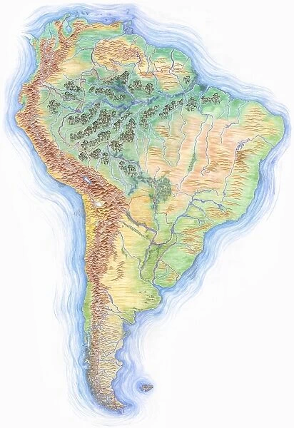 Highly detailed hand-drawn map of South America with Brazil highlighted