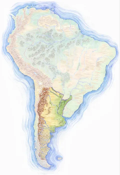 Framed Print : Highly detailed hand-drawn map of South America with Argentina highlighted Framed Print : Highly detailed hand-drawn map of South America with Argentina highlighted