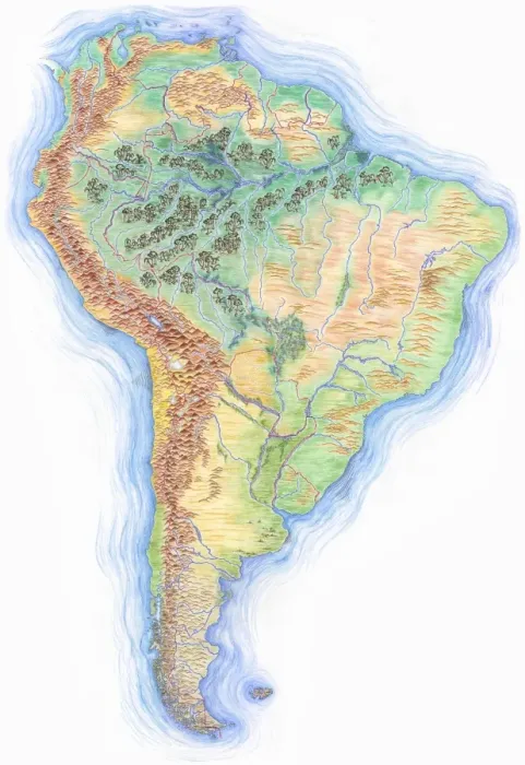 Framed Print : Highly detailed hand-drawn map of South America with Brazil highlighted Framed Print : Highly detailed hand-drawn map of South America with Brazil highlighted