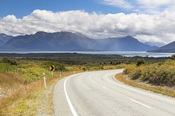 Highway 94 overlooking Lake Te Anau, Te Anau Downs, Southland Region, New Zealand