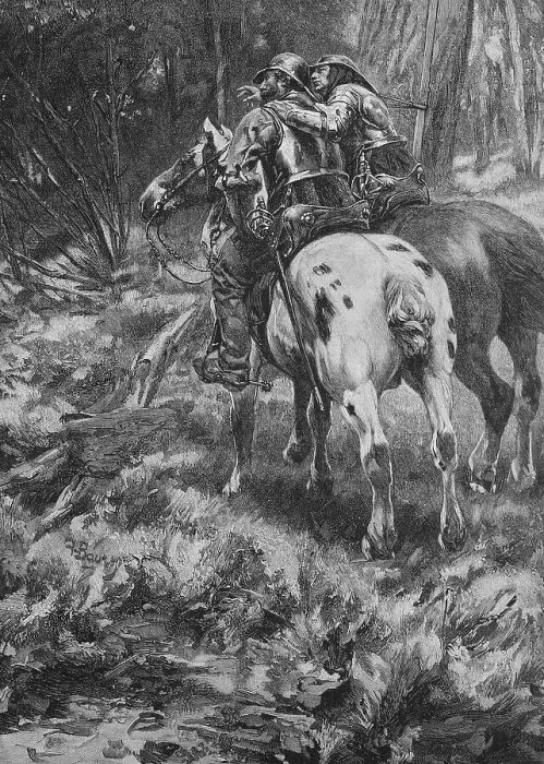 Framed Print : Two highwaymen on horses wait in the forest for their next victim (1898), Germany, Historic, digital reproduction of an original 19th century painting, original date unknown Framed Print : Two highwaymen on horses wait in the forest for their next victim (1898), Germany, Historic, digital reproduction of an original 19th century painting, original date unknown