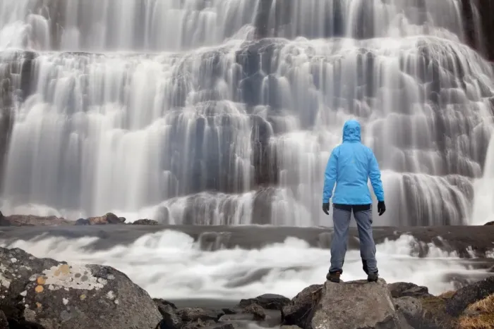 Framed Print : Hiker in front of the Dynjandi waterfall, Fjallfoss, West Fjords, Iceland, Europe Framed Print : Hiker in front of the Dynjandi waterfall, Fjallfoss, West Fjords, Iceland, Europe