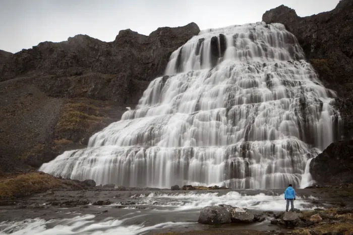 Framed Print : Hiker in front of the Dynjandi waterfall, Fjallfoss, West Fjords, Iceland, Europe Framed Print : Hiker in front of the Dynjandi waterfall, Fjallfoss, West Fjords, Iceland, Europe