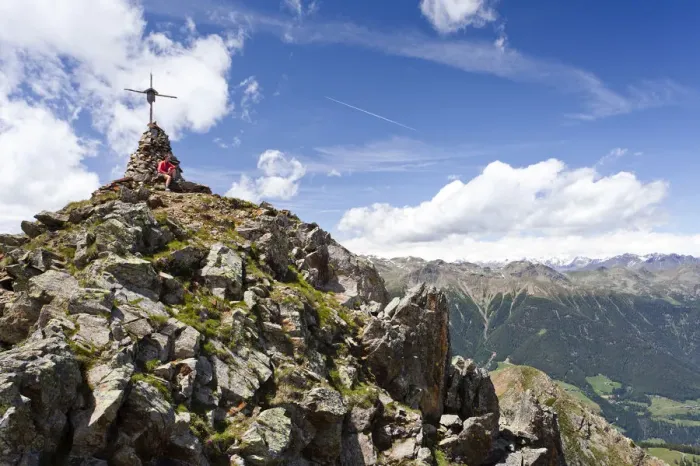 Framed Print : Hiker on the summit of Spitzen Kornigls Mountain, overlooking the Val dUltimo, Ultimo, Alto Adige, Italy, Europe Framed Print : Hiker on the summit of Spitzen Kornigls Mountain, overlooking the Val dUltimo, Ultimo, Alto Adige, Italy, Europe