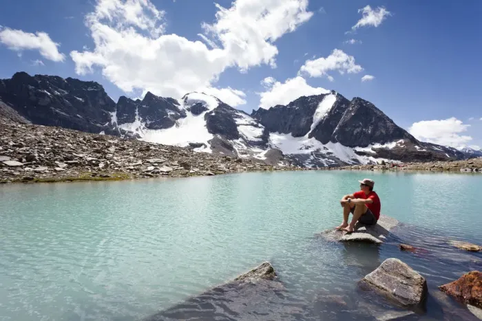 Framed Print : Hiker taking a break at the lake below Mt Tschenglser Hochwand or Croda di Cengles, above the Duesseldorfhuette or Rifugio Serristori in Sulden, Solda, Mt Vertainspitze or Cima Vertana and Mt Hoher Angelus or LAngelo Grande in the back, Suldental or Val Framed Print : Hiker taking a break at the lake below Mt Tschenglser Hochwand or Croda di Cengles, above the Duesseldorfhuette or Rifugio Serristori in Sulden, Solda, Mt Vertainspitze or Cima Vertana and Mt Hoher Angelus or LAngelo Grande in the back, Suldental or Val