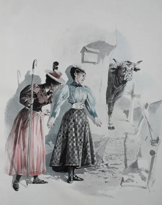 Framed Print : Two hikers can't go any further because a cow is blocking their way, Austria, reproduction of an original 19th century painting, digitally enhanced Framed Print : Two hikers can't go any further because a cow is blocking their way, Austria, reproduction of an original 19th century painting, digitally enhanced