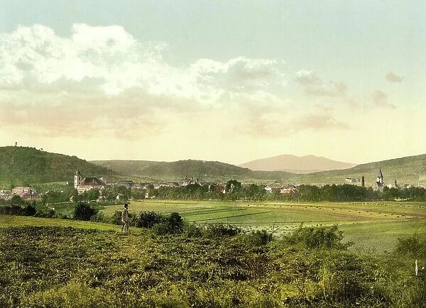 Hildburghausen with the Gleichberge, Thuringia, Germany, Historic, Photochrome print from the 1890s