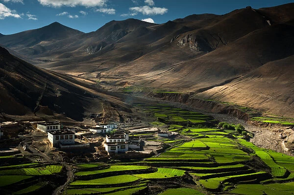 Hillside Tibet local village with light casting