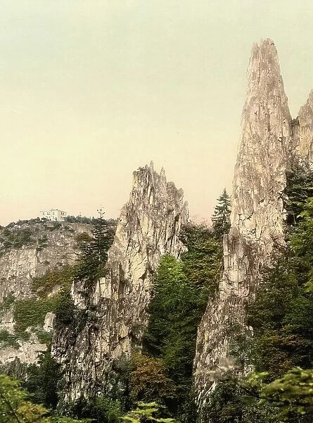 Hirschgrund and the Hexentanzplatz near Bodetal in the Harz Mountains, Saxony-Anhalt, Germany, Historic, Photochrome print from the 1890s
