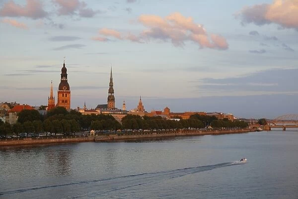 Historic centre with the banks of the Daugava River, Riga Cathedral, St. Peters Church, from the Vansu Bridge or Vansu tilts over Daugava, Riga, Latvia