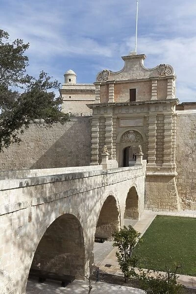 Historic city gate with bridge, Mdina, Malta