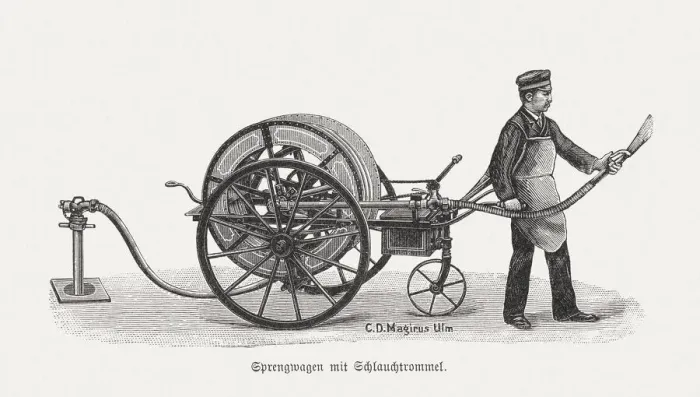 Framed Print : Historic fire engine, wood engraving, published in 1895 Framed Print : Historic fire engine, wood engraving, published in 1895